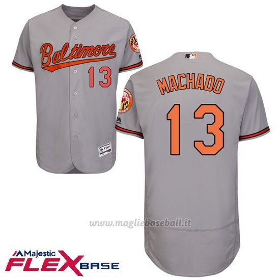 Maglia Baseball Uomo Baltimore Orioles 13 Manny Machado Majestic Autentico Collezione Flex Base Grigio